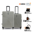 Two silver hard-shell luggage cases side by side with spinner wheels.
