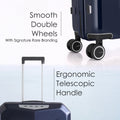 Hard-shell polycarbonate trolley suitcase with double wheels and telescopic handle detail