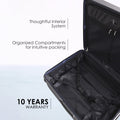 Dark blue hard-shell suitcase interior with organized packing compartments