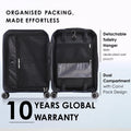 Hard-shell trolley suitcase interior with two compartments, hanging toiletry pocket