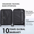Hard-shell trolley suitcase open interior with easy-access compartment and dual pockets