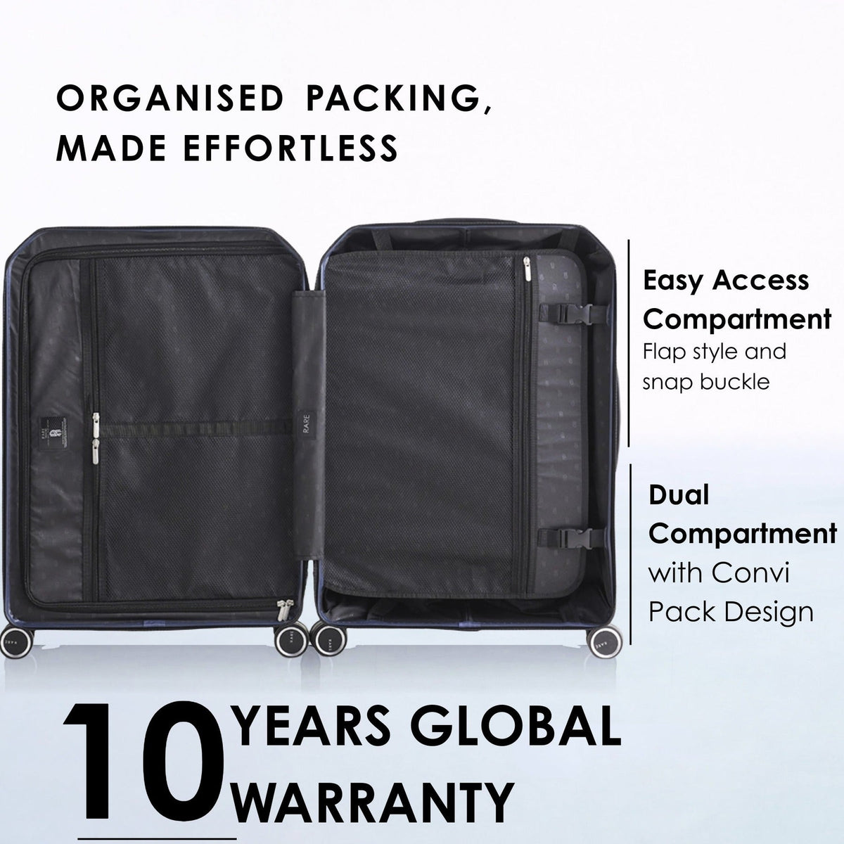 Navy polycarbonate suitcase open interior with dual compartments and snap buckle