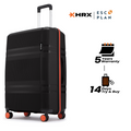 Large check-in suitcase with 8 wheels, black shell and upright handle