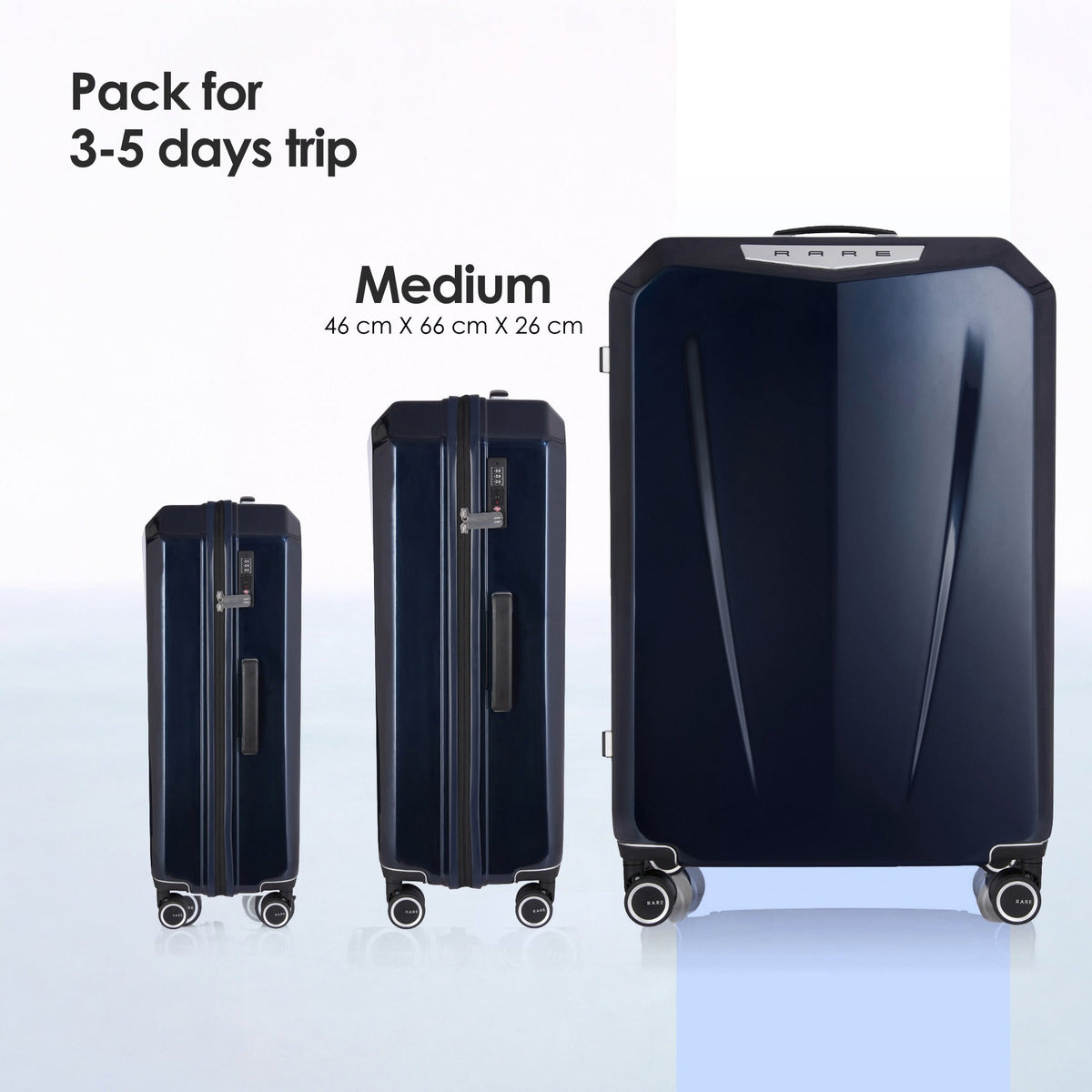 Dark blue polycarbonate medium spinner suitcase with side profile and 8 wheels