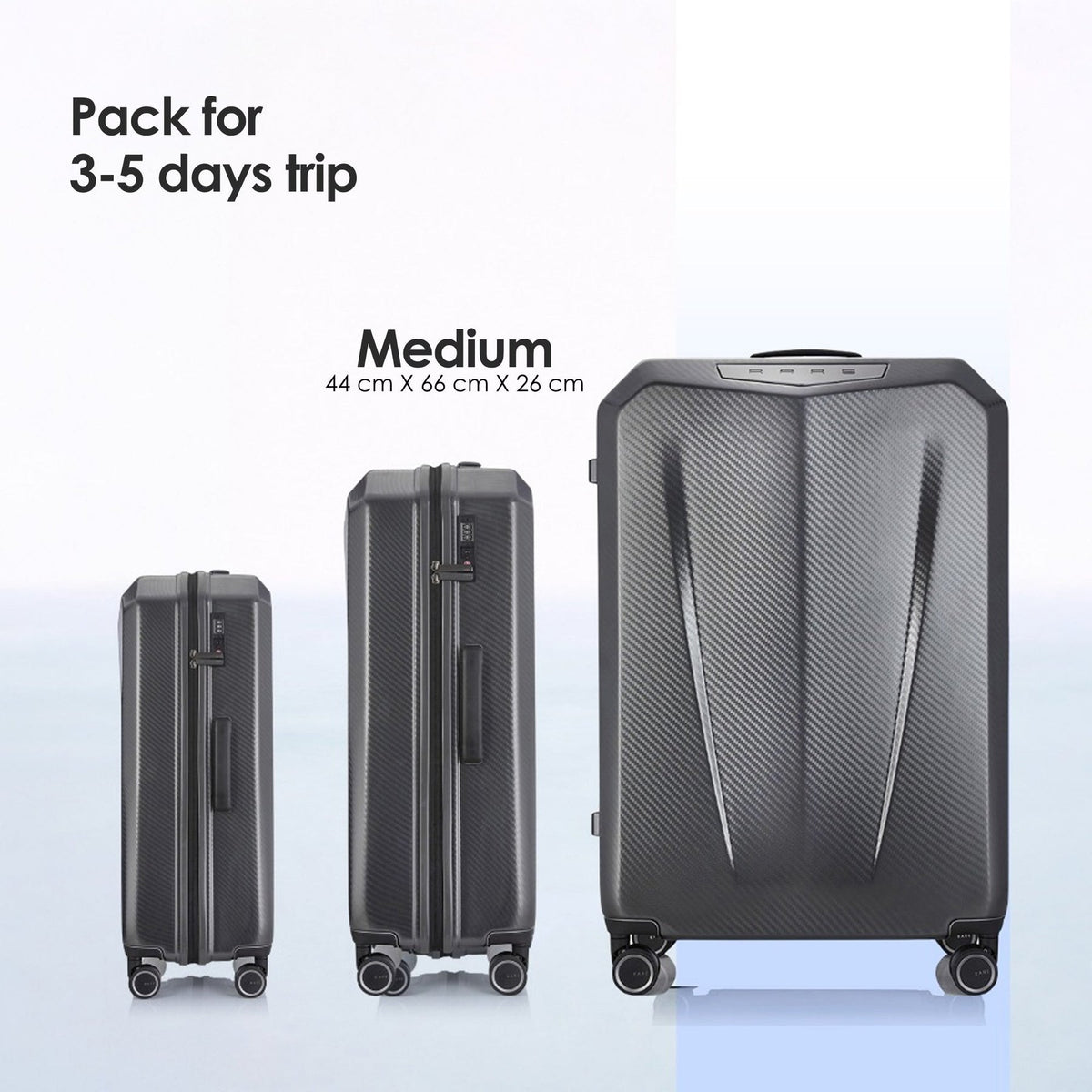 Medium polycarbonate suitcase with four spinner wheels and durable hard shell