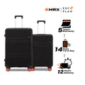 Black hard-shell luggage set with two suitcases, telescopic handles and round orange wheels.