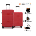 Red hard-shell luggage set, two suitcases with telescopic handles and corner wheels.
