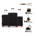 Stacked hard-shell luggage set in black with telescopic handles and 8 wheels