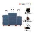 Stacked hard-shell luggage set in blue with telescopic handles and 8 wheels