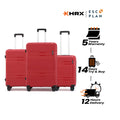 Hard-sided luggage set of 3 with telescopic handles and 8-wheel bases, red and white set.