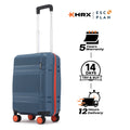 Small cabin suitcase, blue, front view with telescopic handle and 8 wheels, orange trim