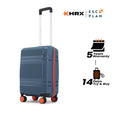 Blue small cabin suitcase with telescopic handle and 8 spinner wheels, hard shell