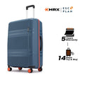 Large check-in suitcase with 8 wheels, blue shell and upright handle