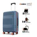 Blue check-in suitcase with telescopic handle, front zipper, and 8 spinner wheels