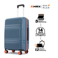 Blue check-in suitcase with telescopic handle, front zipper, and 8 spinner wheels