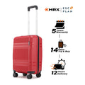 Small cabin suitcase, red, front view with telescopic handle and 8 wheels, delivery icons