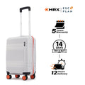 Small cabin suitcase, white, front view with telescopic handle, 8 wheels and warranty icons