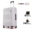 Large check-in suitcase with 8 wheels, white shell and upright handle