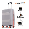 Light grey check-in suitcase with telescopic handle, side panel, and 8 spinner wheels