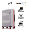Grey check-in suitcase with telescopic handle, side panel, and 8 spinner wheels