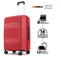 Red check-in suitcase with telescopic handle, side zipper, and 8 spinner wheels