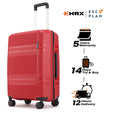 Red check-in suitcase with telescopic handle, front panel, and 8 spinner wheels