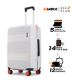 White check-in suitcase with telescopic handle, side zipper, and 8 spinner wheels