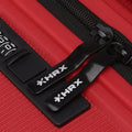 Large check-in suitcase lock and zipper tab on red shell with HRX branding