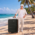 Hard-shell spinner suitcase, black with orange wheels and telescopic handle