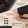 Black hard-shell suitcase corner with recessed lock keypad, handle, and spinner wheels