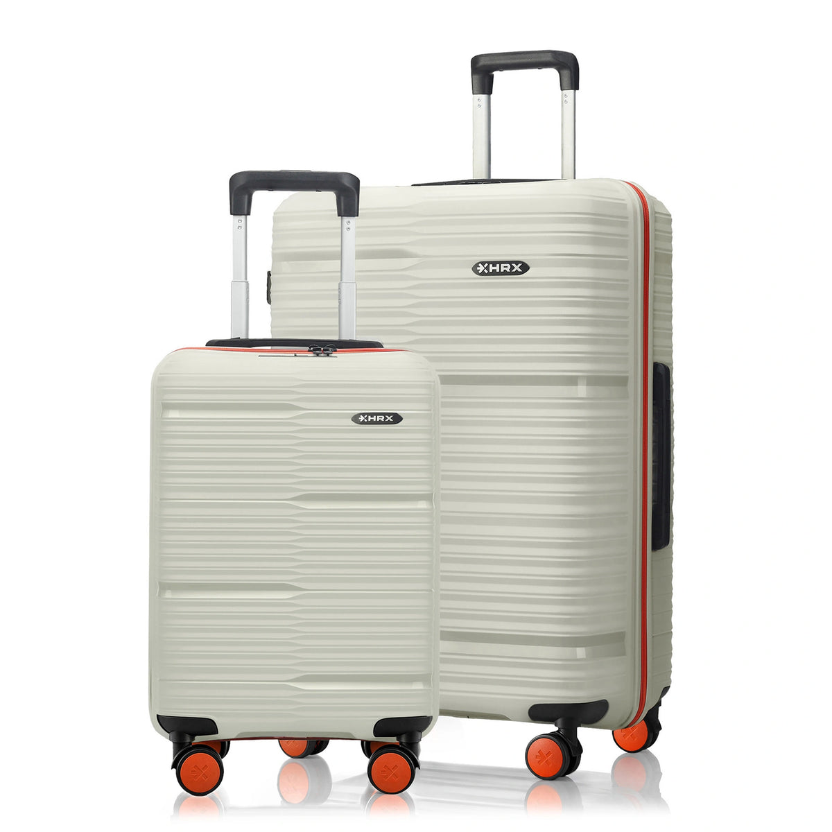 Two-piece hard-shell 8-wheel spinner luggage set, light shells with black handle frames
