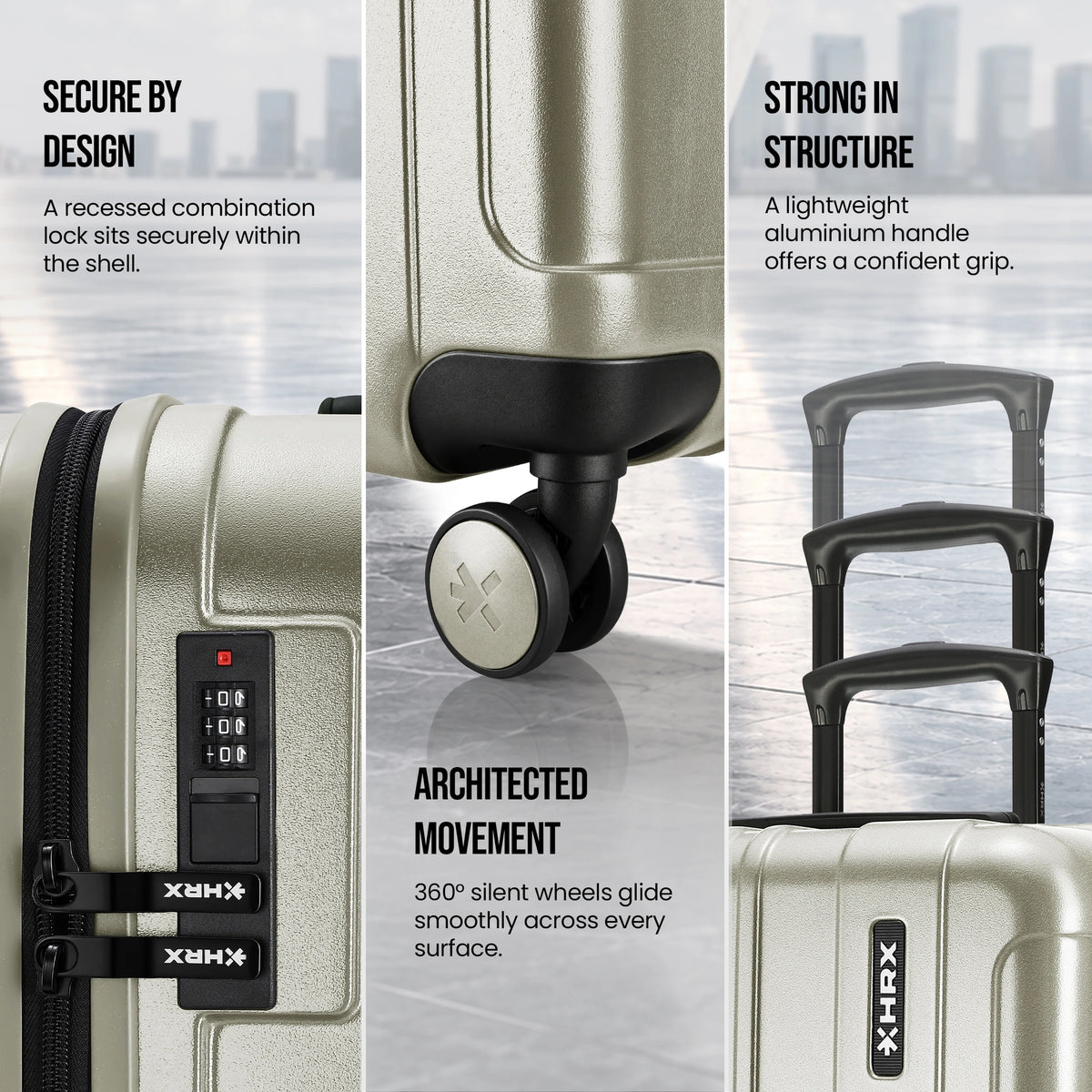 Polycarbonate luggage details: recessed wheels, combination lock, and 360° spinner wheel base