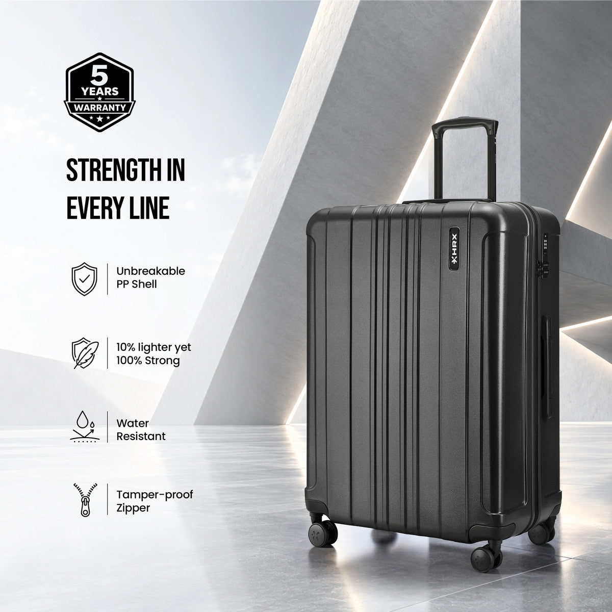 Hard-shell upright suitcase with 8 wheels and retractable handle, ribbed shell