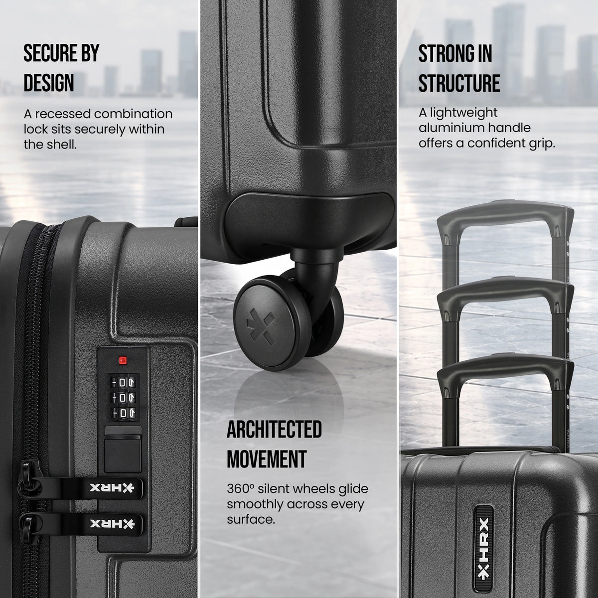 Hard-shell luggage set with 8 wheels, close-up of caster wheels and handle