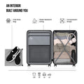 Hard-shell luggage set open with water-resistant lining, compression straps, and packing organizer