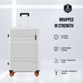 Hard-shell spinner luggage in white with telescopic handle and orange 4-wheel base