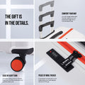 Hard-shell luggage details: telescopic handle, orange spinner wheels, black control panel