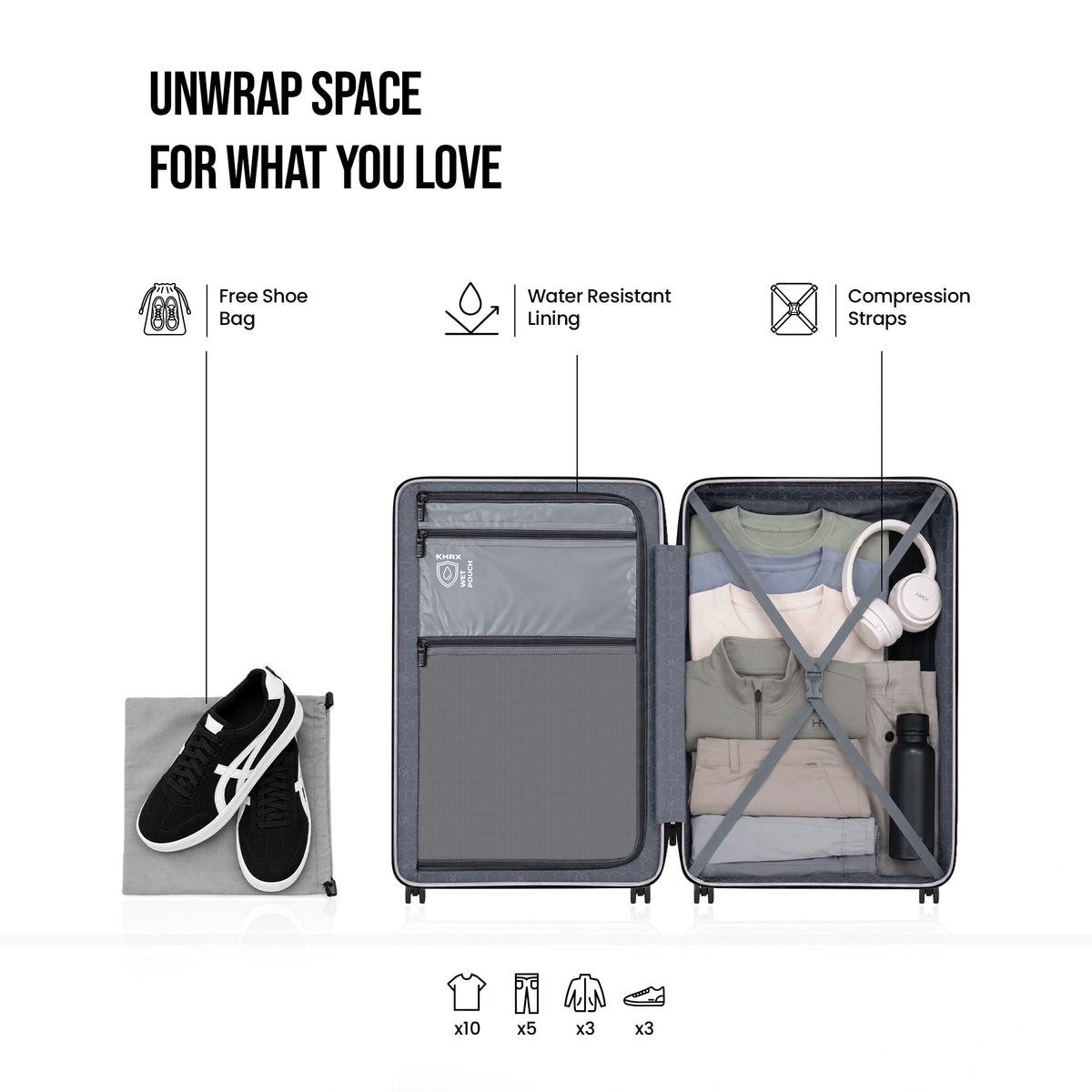 Open hard-shell suitcase with interior compartments and compression straps, plus shoe bag
