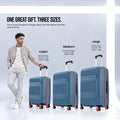 Blue hard-shell luggage set showing cabin, medium and large suitcases with orange trim