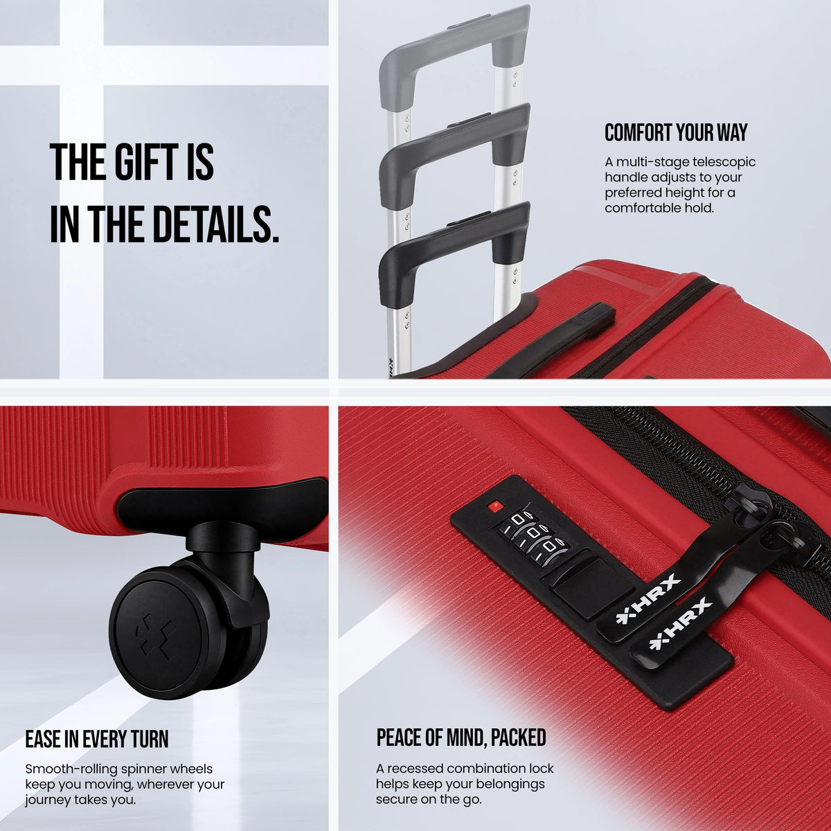 Red hard-shell luggage corner with spinner wheel and combination lock panel detail