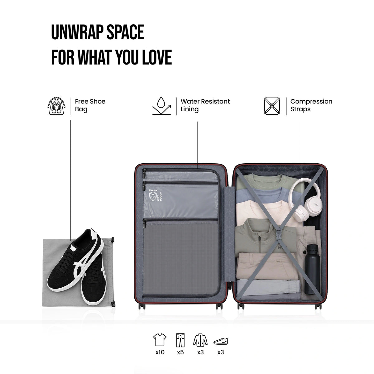 Grey hard-shell luggage set open, showing two compartments with straps and mesh panels