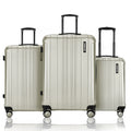 Light silver polycarbonate luggage set of 3, stacked view, with 8 spinner wheels