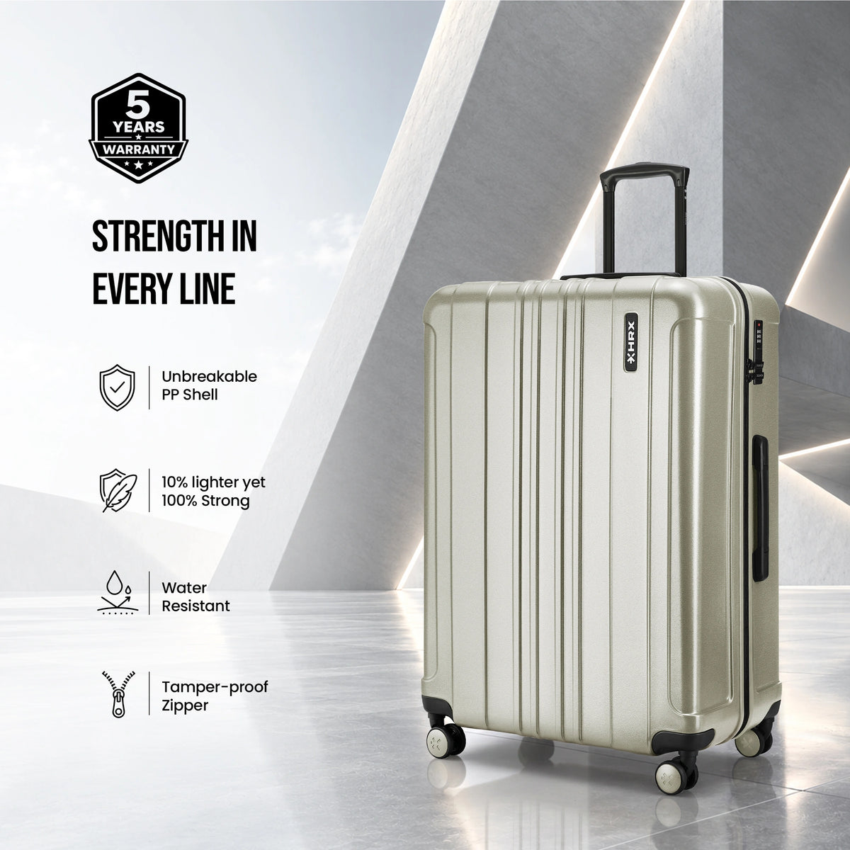 Light silver hard-shell suitcase set of 3 standing upright, with telescopic handle and wheels