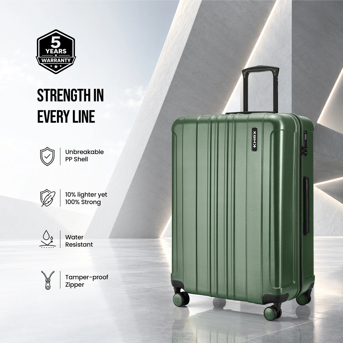 Dark green hard-shell rolling suitcase with ribbed shell, tamper-proof zipper, 4 spinner wheels