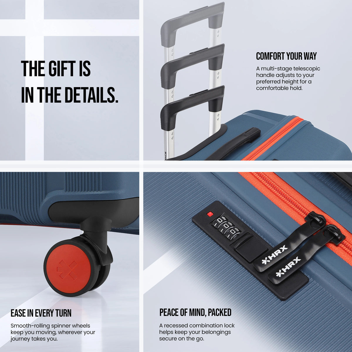 Blue hard-shell luggage set detail: corner grip, smooth-rolling wheels, recessed lock panel