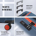 Blue hard-shell luggage set detail: corner grip, smooth-rolling wheels, recessed lock panel