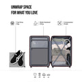 Red hard-shell luggage set with open interior showing compartments and compression straps
