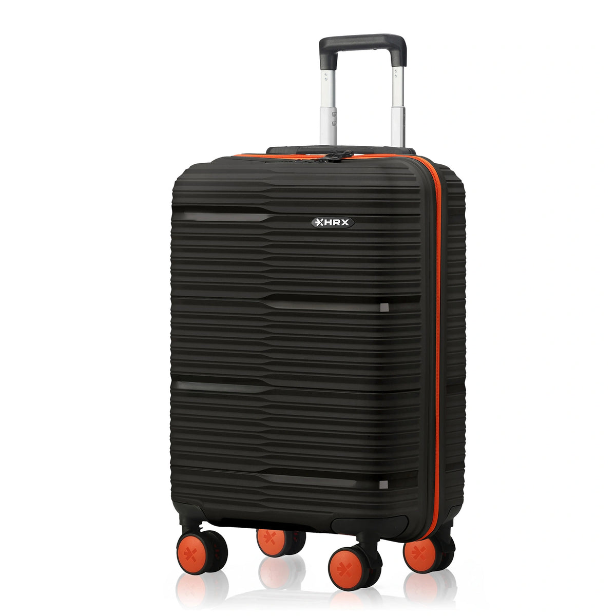 Small cabin suitcase in black poly with orange-accent 8 spinner wheels and telescopic handle