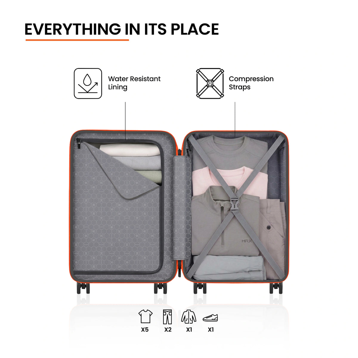 Open small cabin suitcase with grey lining, divider panel and compression straps.
