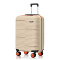 Small cabin suitcase in light beige poly with 8 spinner wheels and telescopic handle